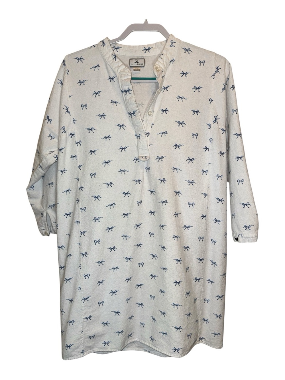 100% Cotton Flannel Bow Midi Nightshirt Nightgown White with Blue Bows Size M